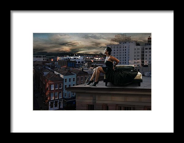 Louisiana Musician atop a roof overlooking the French Quarter-Framed Print