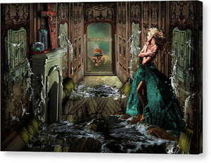 Woman in a room being flooded with water from mirrors on all sides with an atom bomb going off outside-Canvas Print