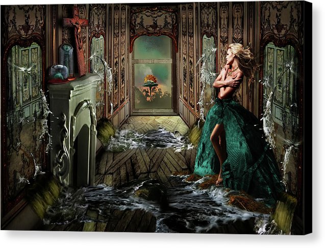 Woman in a room being flooded with water from mirrors on all sides with an atom bomb going off outside-Canvas Print