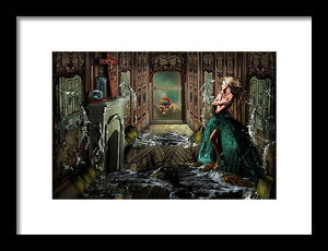 Woman in a room being flooded with water from mirrors on all sides with an atom bomb going off outside-Framed Print