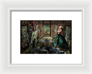 Woman in a room being flooded with water from mirrors on all sides with an atom bomb going off outside-Framed Print
