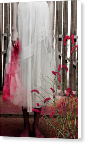 Woman in a Vintage White Lace Dress, cropped at waist, Standing With a Bloody Hand Dripping Down Her Dress in front of a Gate-Canvas Print