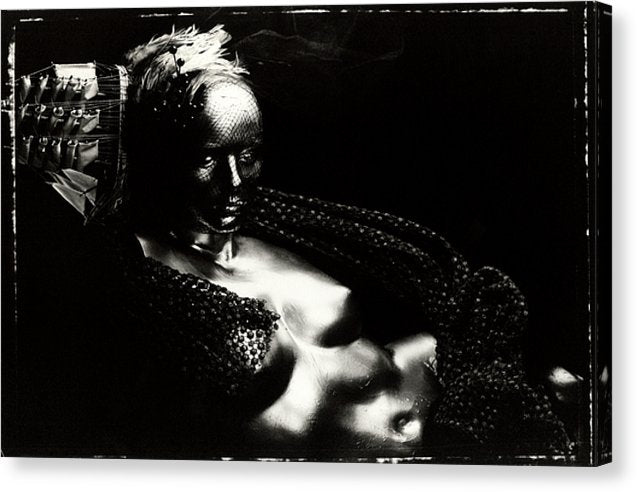 Horizontal Black and White Portrait, on Polaroid 55, of a nude, metallic mannequin torso with a Ship Hat and Feather Headpiece along the side of the Head- Fine Art Canvas Print