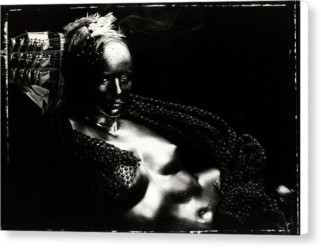 Horizontal Black and White Portrait, on Polaroid 55, of a nude, metallic mannequin torso with a Ship Hat and Feather Headpiece along the side of the Head- Fine Art Canvas Print