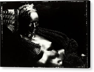 Horizontal Black and White Portrait, on Polaroid 55, of a nude, metallic mannequin torso with a Ship Hat and Feather Headpiece along the side of the Head-Fine Art Canvas Print