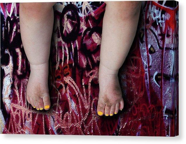 Female Baby Legs and Yellow Painted Toenails on Graffiti Background- Fine Art Canvas Print