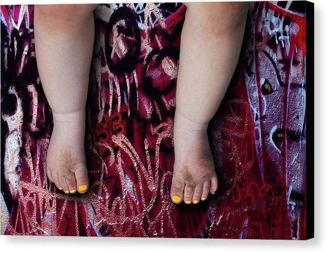 Female Baby Legs and Yellow Painted Toenails on Graffiti Background- Fine Art Canvas Print