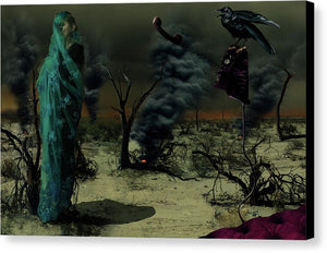 Mother Wrapped in Byzantine Blue Lace Fabric in an Apocalyptic setting with Spot Fires in the Background and a Crow Perched on an Analog, off the hook, Phone- Fine Art Canvas Print