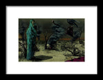 Mother Wrapped in Byzantine Blue Lace Fabric in an Apocalyptic setting with Spot Fires in the Background and a Crow Perched on an Analog, off the hook, Phone- Framed Fine Art Print