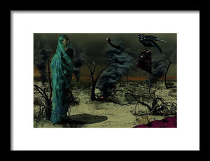Mother Wrapped in Byzantine Blue Lace Fabric in an Apocalyptic setting with Spot Fires in the Background and a Crow Perched on an Analog, off the hook, Phone- Framed Fine Art Print