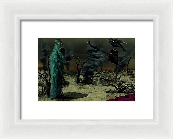 Mother Wrapped in Byzantine Blue Lace Fabric in an Apocalyptic setting with Spot Fires in the Background and a Crow Perched on an Analog, off the hook, Phone- Framed Fine Art Print