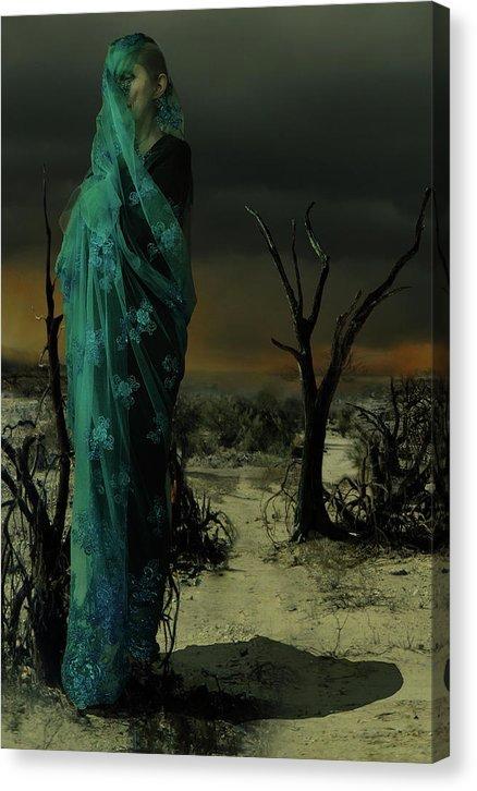 Mother wrapped in Byzantine Blue Lace in a Barren Apocalyptic Landscape- Fine Art Canvas Print