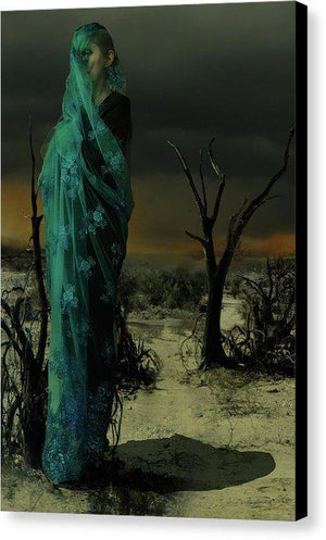 Mother wrapped in Byzantine Blue Lace in a Barren Apocalyptic Landscape-Fine Art Canvas Print