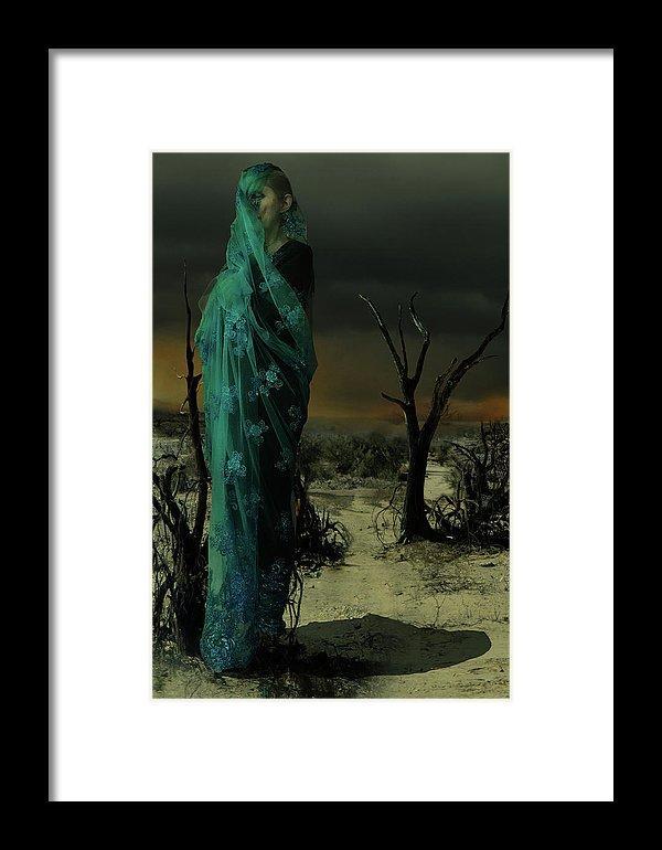 Mother wrapped in Byzantine Blue Lace in a Barren Apocalyptic Landscape-Framed Fine Art Print