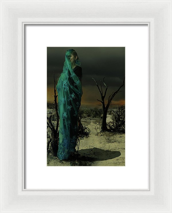 Mother wrapped in Byzantine Blue Lace in a Barren Apocalyptic Landscape- Framed Fine Art Print