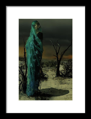 Mother wrapped in Byzantine Blue Lace in a Barren Apocalyptic Landscape- Framed Fine Art Print