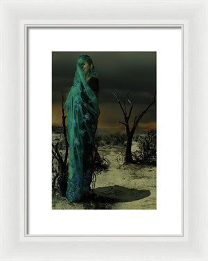 Mother Wrapped in Byzantine Blue Lace Fabric in an Apocalyptic setting with Spot Fires in the Background and a Crow Perched on an Analog, off the hook, Phone-Framed Fine Art Print