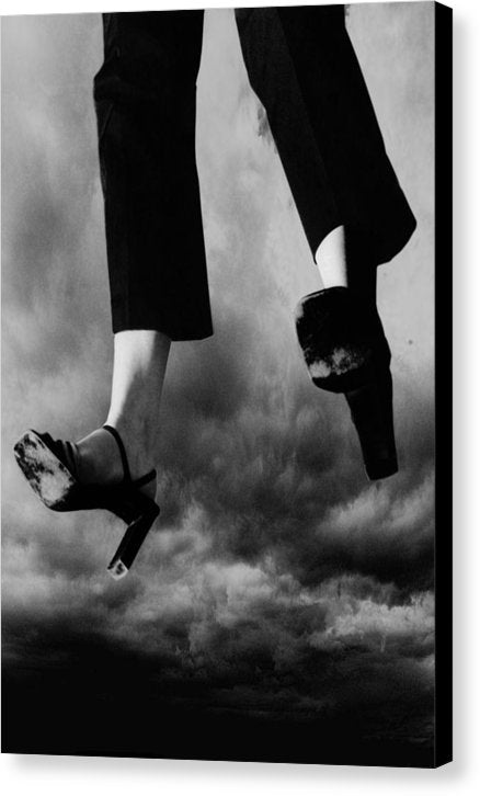 Black & White Portrait of a Woman's Legs Flying Through Stormy Skies- Fine Art Canvas Print