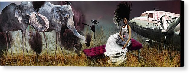 Dali Tall Smoking Elephants;woman on Chaise Lounge next to a Crow & Airplane- Fine Art Canvas Print