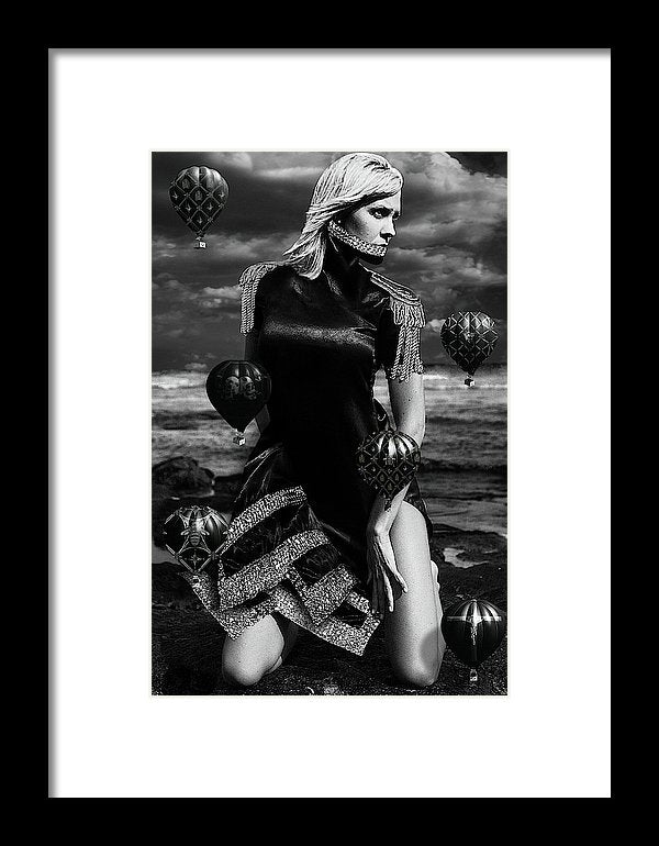 Black & White Portrait on a woman on her knees at the beach with a Neck Corset and small Black Hot Air Balloons-Metal Print-Framed Fine Art Print