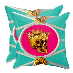 Gold Skull French Goth Chic- Pillow Case Set- Interior Design Singles- in Color-TEAL BLUE & PINK
