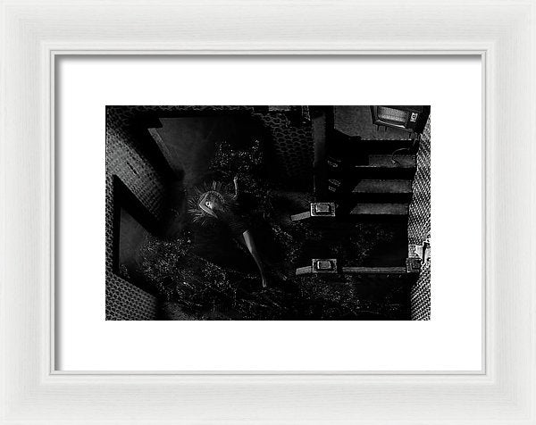 Horizontal Black & White Portrait of a Woman Being Baptized in the Whole First Floor of a House- Framed Fine Art Print