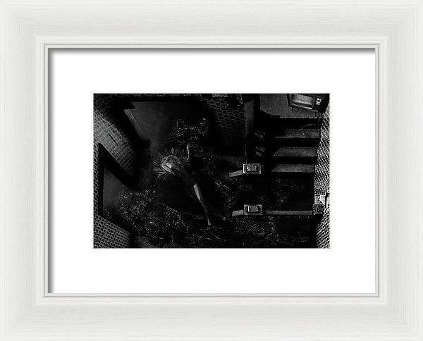 Horizontal Black & White Portrait of a Woman Being Baptized in the Whole First Floor of a House- Framed Fine Art Print
