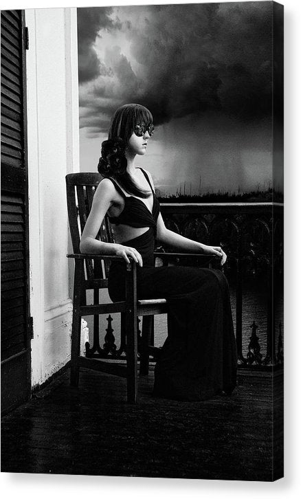 Vertical Black & White of Woman on Antebellum Porch in Louisiana with Lenses for Eyes-Recording Memories of the Thunderstorm-Fine Art Canvas Print