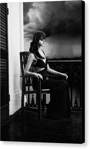 Vertical Black & White of Woman on Antebellum Porch in Louisiana with Lenses for Eyes-Recording Memories of the Thunderstorm- Fine Art Canvas Print