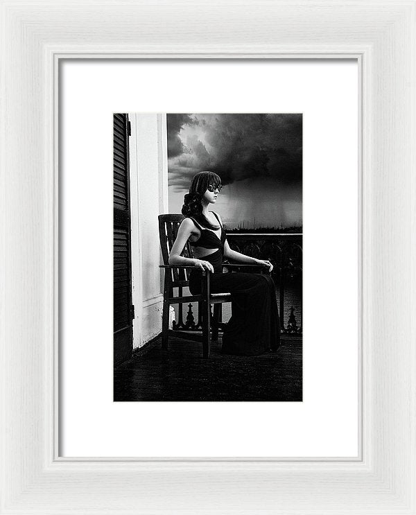 Vertical Black & White of Woman on Antebellum Porch in Louisiana with Lenses for Eyes-Recording Memories of the Thunderstorm- Framed Fine Art Print