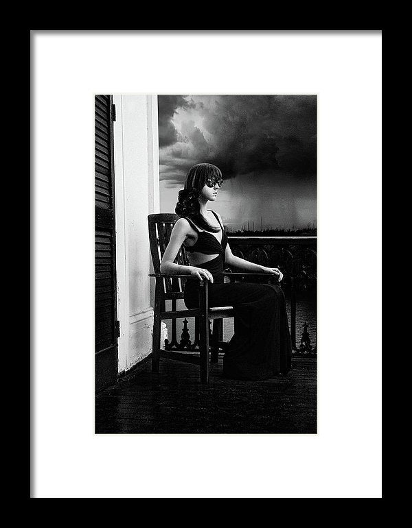 Vertical Black & White of Woman on Antebellum Porch in Louisiana with Lenses for Eyes-Recording Memories of the Thunderstorm- Framed Fine Art Print