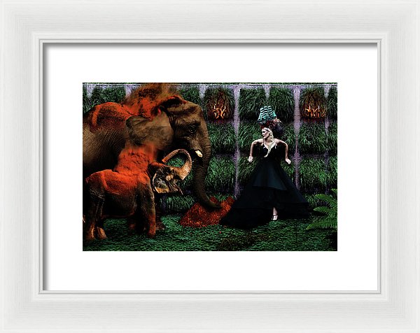 Asian Elephants & Baby Elephant Throwing Red Dirt with Their Loving Angel- Framed Fine Art Print