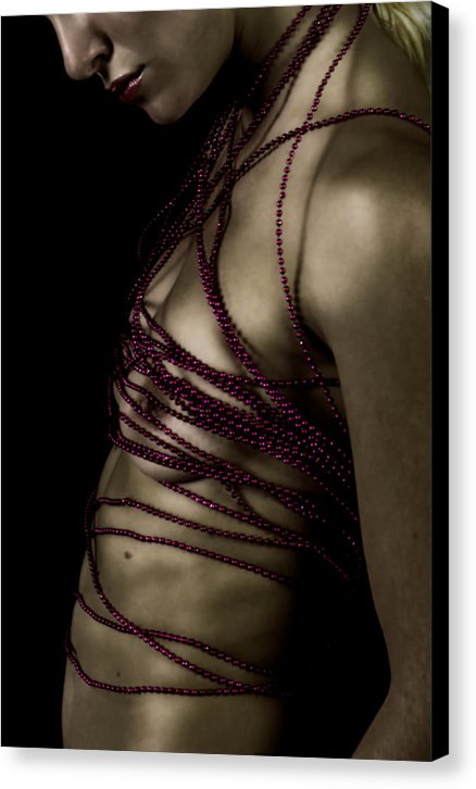 Woman with Crimson Beads Wrapped Around Her Nude Torso-Fine Art Canvas Print