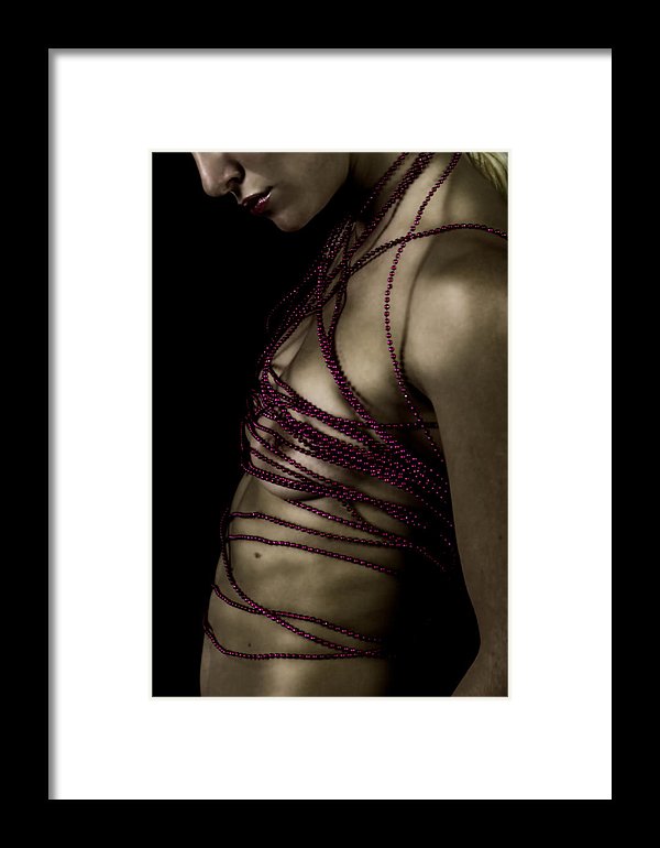 Woman with Crimson Beads Wrapped Around Her Naked Torso-Framed Fine Art Print