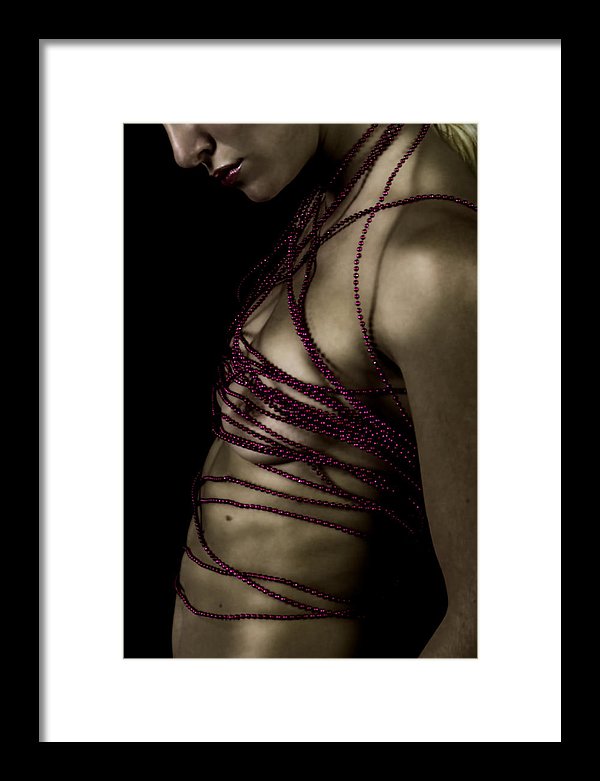 Woman with Crimson Beads Wrapped Around Her Naked Torso-Framed Fine Art Print
