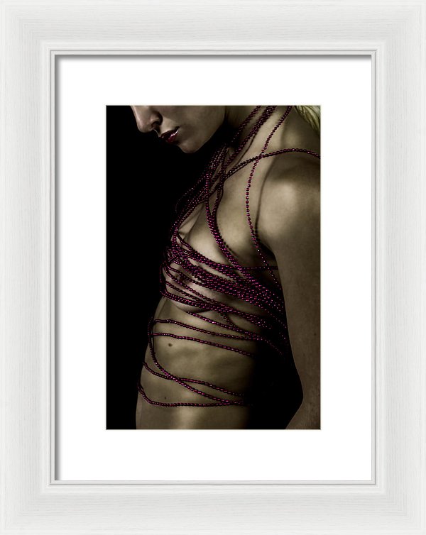 Woman with Crimson Beads Wrapped Around Her Nude Torso-Framed Fine Art Print